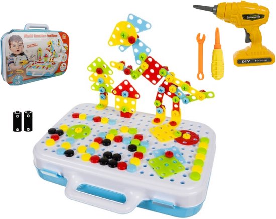 107-delig 3D Puzzel Constructie Bouw Speelgoed Mozaïek met Elektrische Schroef Boor Machine & Batterijen - Bouwonderdelen - Creatieve 2D/3D Puzzel met Werkende Boormachine & Gereedschapskoffer - Speelgoedgereedschapskoffer met Mozaïekbord van Merkloos
