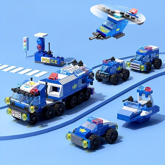 6-in-1 Politie Bouwstenen Set – Politie Auto, Helikopter & Boot – Creatief Speelgoed – Compatibel met LEGO – Cadeau voor Kinderen 6+ van Merkloos