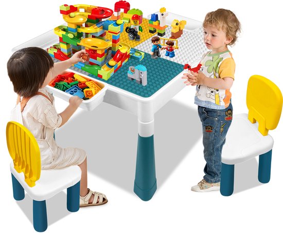 ACXIN Kindertafel met 2 Stoelen en 162 Bouwstenen – Multifunctionele Activiteitentafel voor Kinderen met Opbergbox, Speeltafel Bouwblokken Set, 3 Verstelbare Hoogtes van Merkloos