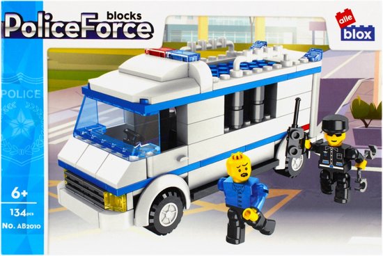 AlleBlox - PolitieBusje - Kinderspeelgoed - Constructiespeelgoed - Blauw/Wit - 16x8x6 cm van AlleBlox