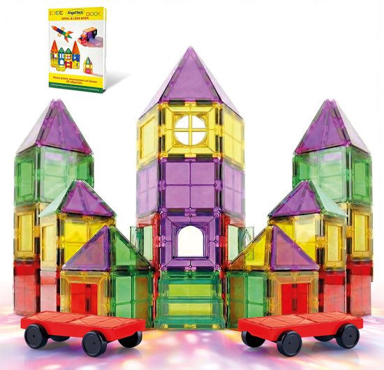 AngelTech Magnetic Tiles Luxe XL Set – Magna Tiles – 120 stuks - Magnetische Tegels – Montessori Speelgoed – Magnetisch Speelgoed – Magnetische Bouwstenen – Inclusief 2 Auto’s van Merkloos