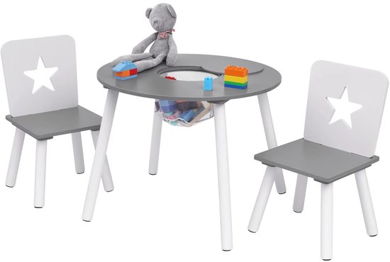 Bealive® Kindertafel - Inclusief 2 stoelen - Speel set - Rond - Grijs - Wit - MDF - Afgeronde hoeken - Verzonken schroeven - Afmetingen tafel: 59.5x46cm - Afmetingen stoel: 28x28x 51 cm van Bealive