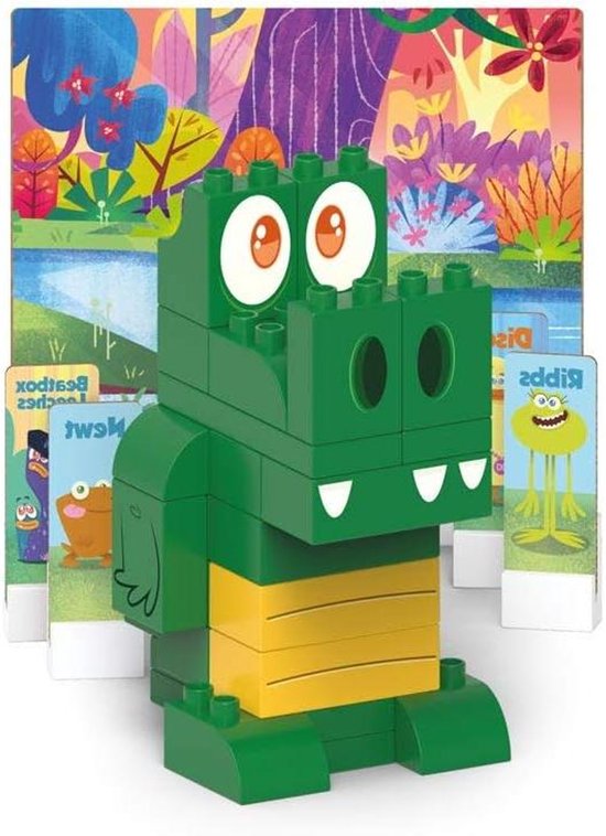 BiOBUDDi BB-0150 Swampies - Gator, biologische bouwstenen om in te steken, compatibel met andere merken, gemaakt van bio-kunststof, 41 klembouwstenen, speelachtergrond en kartonnen speelfiguren van Merkloos