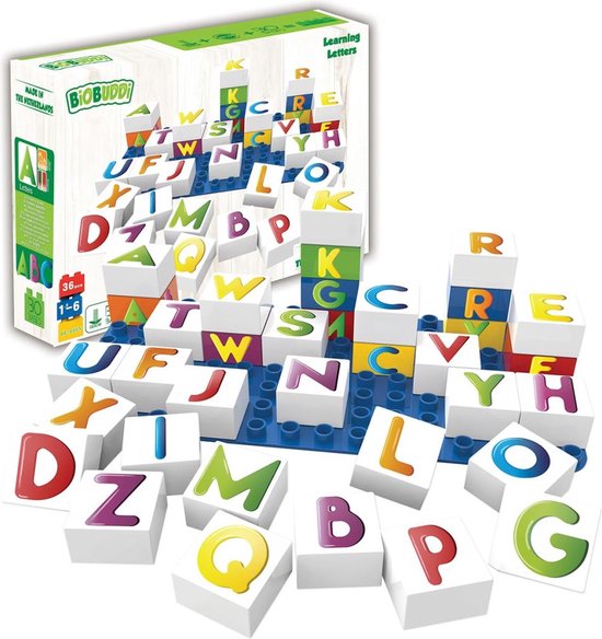 BiOBUDDi Letterset met basisplaat - Alfabet - Bouwspeelgoed - Biologisch plastic - Passend op Lego Duplo - CO2 Neutraal + 100% Recyclebaar van Biobuddi