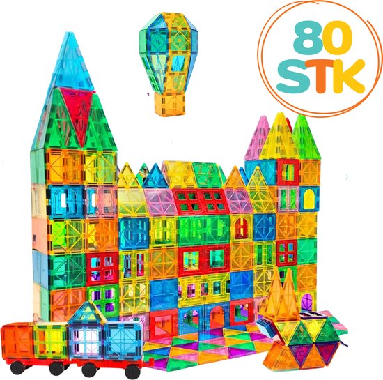 Bodilux® Magnetic Tiles incl. ideeënboekje 80 stuks - Magnetisch Speelgoed – Magnetische tegels - Magnetic Tiles Speelgoed - Montessori Speelgoed - Jongens & Meisjes - Sinterklaas van Bodilux