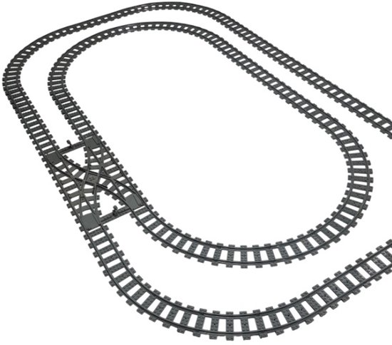 bouwblokjes dubbelspoor treinbaanset van bricksNblocks® | ook compatible met mould king en lego treinen | 160x95 cm, 32x gebogen rails, 22x rechte rails, 1x dubbelspoor wissel | past op Mould King en Lego treinrails van Merkloos