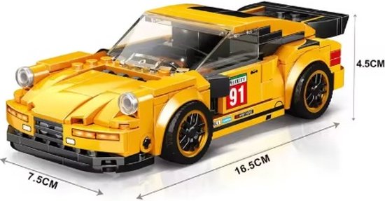 Bouwblokjes gele porsche sportauto, 236 blokjes | te combineren met Lego | auto sportwagen Porsche bouwpakket | gele sportwagen bouwpakket van Levado.