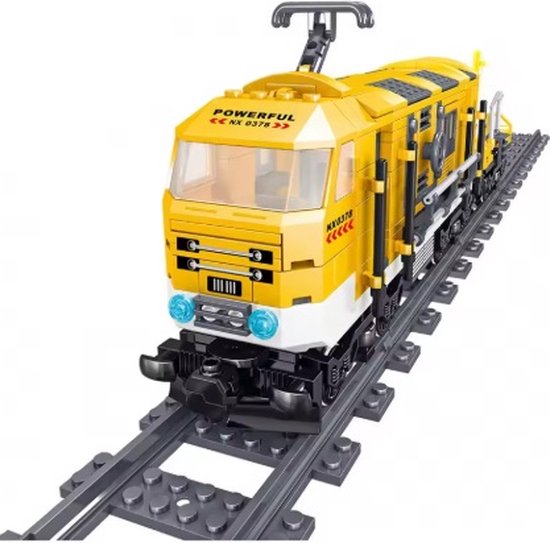 bouwblokjes werktrein met wagon en spoorbaan | compatible met Lego trein | standaard bouwblokjes | inclusief treinbaan van Merkloos