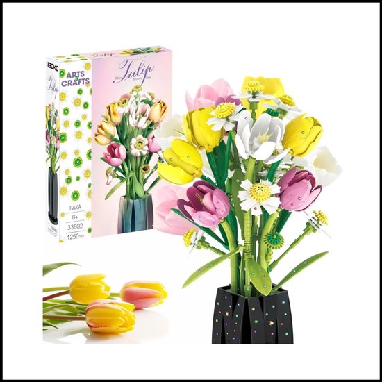 Building Blocks Flower - Tulp Bloemenvaas Model - Eeuwige Bloemendecoratie - 1250 Stuks DIY Bouwset - Creatieve Woondecoratie van Merkloos