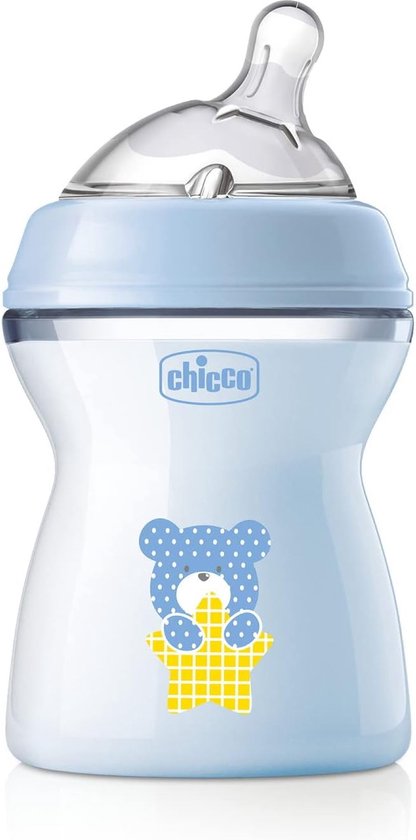 Chicco Natural Feeling Anticolic babyfles, 2 maanden + 250 ml, fles met zuignap van zachte en flexibele siliconen, geschikt voor gemengde borstvoeding, gemiddelde stroom, kleur lichtblauw 2+ m van Chicco