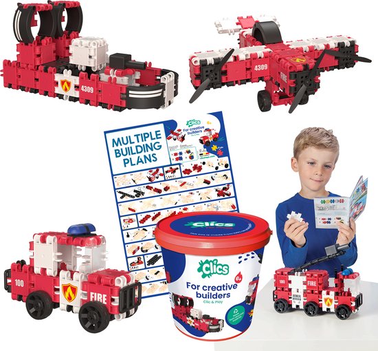 Clics Brandweer 8-in-1 bouwblokken– DUURZAAM SPEELGOED gemaakt van GERECYCLEERDE kunststof- bouwset 8 in 1 - speelgoed 4,5,6,7,8 jaar jongens en meisjes- educatief speelgoed- Montessori speelgoed- constructie speelgoed van Clics