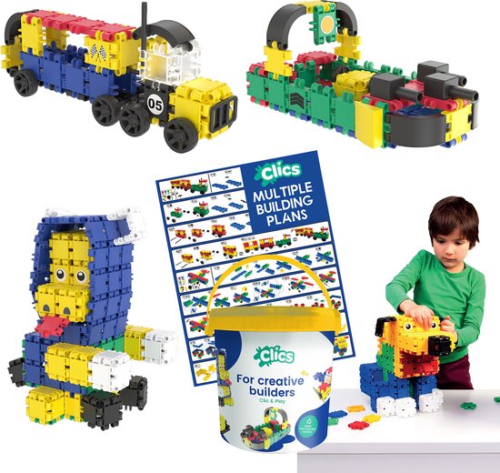 Clics Build & Play 10-in-1 bouwblokken– DUURZAAM SPEELGOED gemaakt van GERECYCLEERDE kunststof- bouwset 10 in 1 - speelgoed 4,5,6,7,8 jaar jongens en meisjes- educatief speelgoed- Montessori speelgoed- constructie speelgoed van Clics