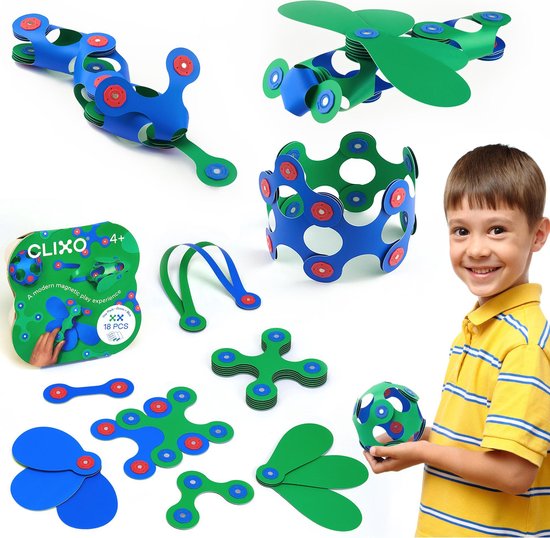 Clixo Itsy 18 stuks set (blauw/geel) - flexibel magnetisch speelgoed van Clixo