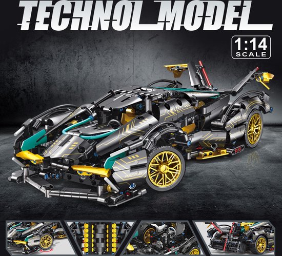Compatibel met Legostenen/Supercar-bouwset, automodelbouwspeelgoed op schaal 1:14, racewagen /verjaardags- en vakantiecadeaus Zwart Goud Groen(1000+ stuks) van BricTek