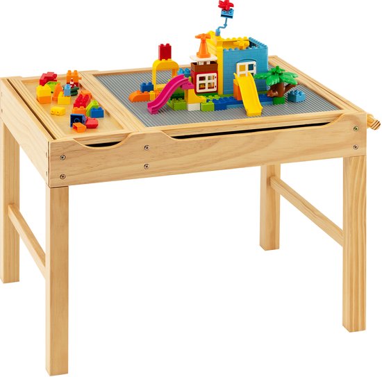 COSTWAY 2-in-1 kindertafel met omkeerbaar tafelblad, speeltafel van grenenhout met opbergruimte, zijstang en papierrol, activiteitstafel, legotisch voor kinderen vanaf 3 jaar (natuur) van Merkloos