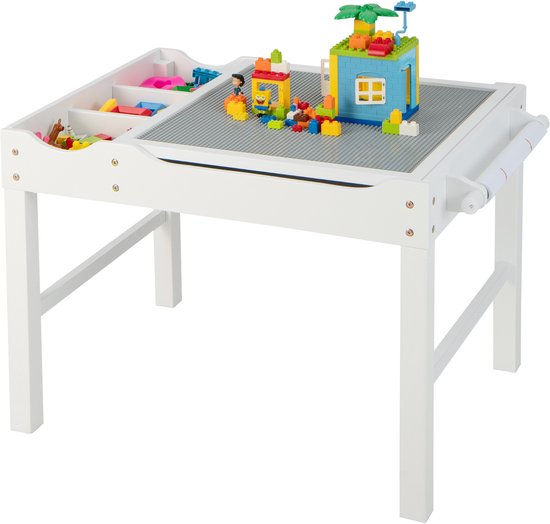 COSTWAY 2-in-1 kindertafel met omkeerbaar tafelblad, speeltafel van grenenhout met opbergruimte, zijstang en papierrol, activiteitstafel Legotisch voor kinderen vanaf 3 jaar (wit), UY10024DE van Merkloos