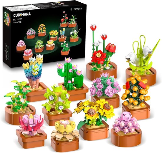 CUBIMANA 12-delige Vetplant Bouwpakket - 1403 Mini Stenen 3.6mm - Levendige Bloemen Collectie - Huisdecoratie Planten Bouwstenen - Creatief DIY Cadeau voor Volwassenen & Kinderen 10+ van CUBIMANA