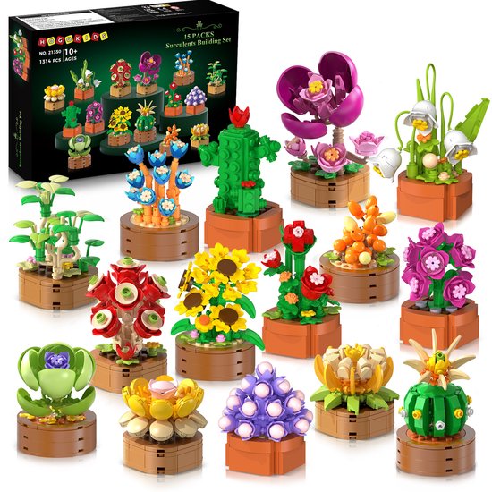 CUBIMANA Botanische Bouwpakket - 15 Planten & Bloemen - 1314 Mini Stenen 3.6mm - Vetplanten Decoratie - Creatief Bouwspeelgoed voor Volwassenen en Kinderen 10+ van Merkloos