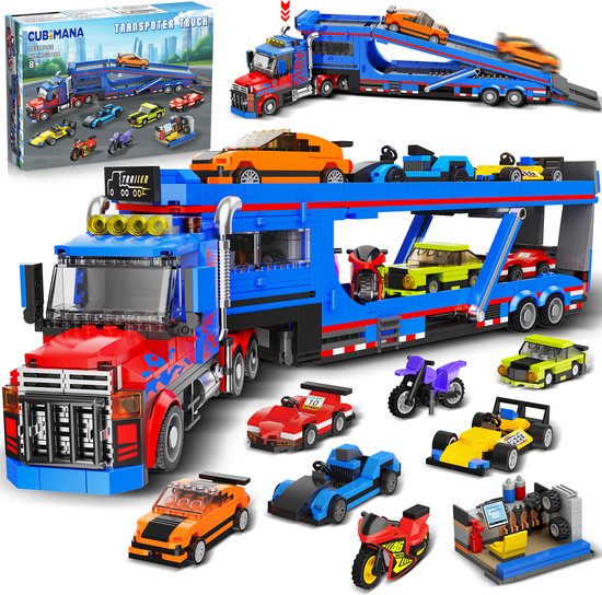 CUBIMANA City Transporter Vrachtwagen Speelgoed Bouwpakket -7 Autos Bouwset - Verstelbare Laadklep Sleepwagen Bouwstenen - Drager Aanhanger Bouw Speelgoed Fantasiespel voor Kinderen 8-14 jaar van Merkloos