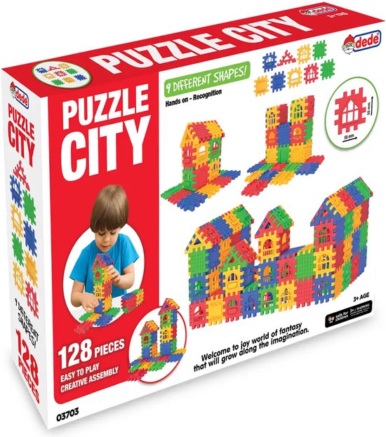 DEDE- Bouwstenen Puzzel Stad 3D-puzzelblokken-DIY Creatieve Modelfiguren Educatief Kinderspeelgoed- 128 Stuks van DEDE