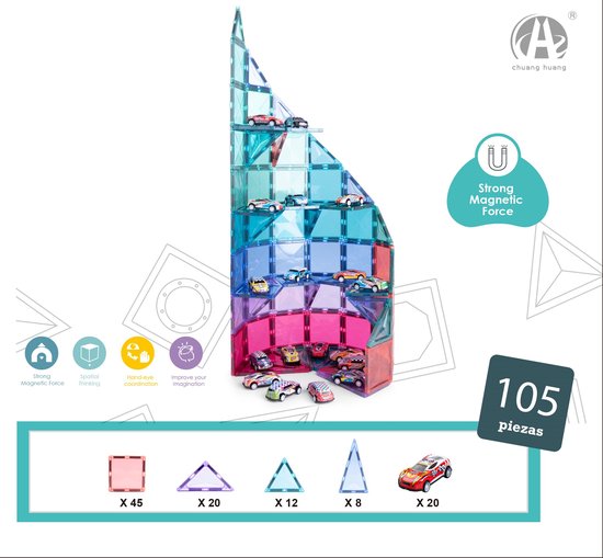 Diamant Magnetisch Speelgoed - Magnetic Tiles - autogarage - 105 stuks -Delig Constructiespeelgoed - Magnetische Bouwstenen - Magnetische Tegels - Magnetic toys - Duurzaam Speelgoed van Diamant