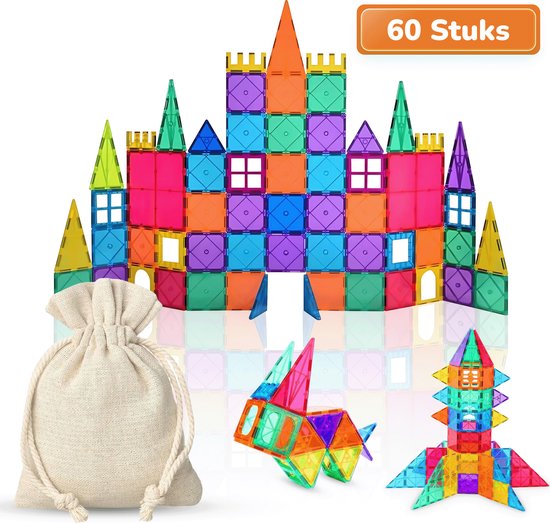 Eduvate Magnetic Tiles - Magnetisch Speelgoed - 60 Stuks - Magnetisch Bouwspeelgoed - Magnetische Bouwstenen - Montessori Speelgoed - Gratis Opbergtasje van Eduvate