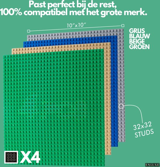 Enluxe Set van 4 Kleurrijke Bouwplaten l 32x32 Noppen | Geschikt voor Diverse Bouwstenen | Kleuren: Grijs, Wit, Blauw, Groen | Perfect voor Creatieve Bouwprojecten van Enluxe