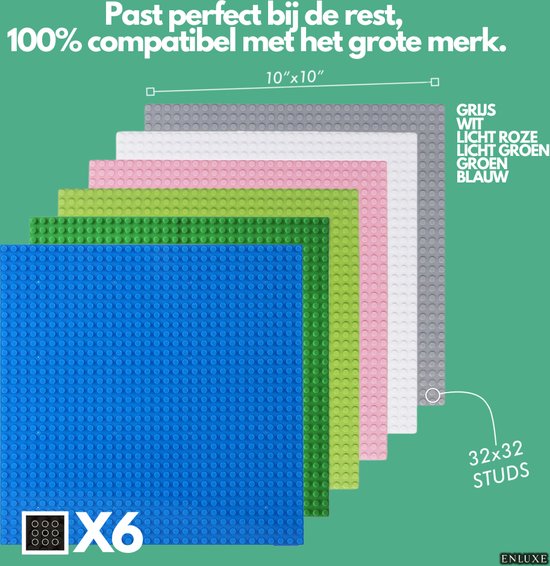 Enluxe Set van 6 Bouwplaten 32x32 Noppen | Perfect Geschikt voor Diverse Bouwstenen | Kleuren: Grijs, Wit, Licht Roze, Licht Groen, Groen en Blauw | Creatieve Basis voor Jouw Bouwprojecten van Enluxe