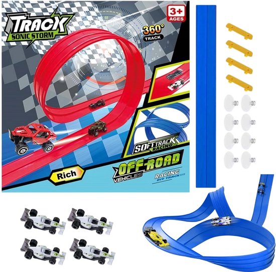 Flexibele racebaan - Buigzaam speelgoed - Creatief spel - Oprolbaar en draagbaar - 4 meter lengte - Blauw van Merkloos