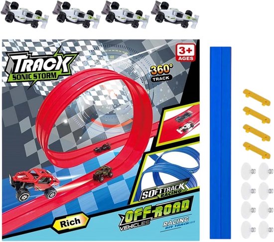 Flexibele racebaan - Buigzame baan - Kinderspel - Oprolbaar en draagbaar - 4 meter lengte - Blauw van Merkloos