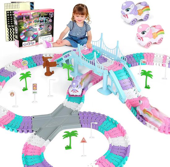 Flexibele Racebaan Set - Doe-het-zelf Rails - Uren Speelplezier - Glow-in-the-dark Spoor - 268 Onderdelen - Eenhoorn Thema van Merkloos