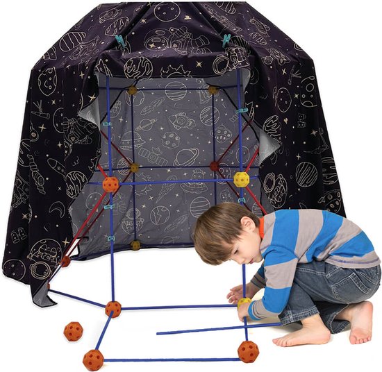 Fort bouwpakket XXL met 150 onderdelen. Incl. 2 kleden, 60 stokken en 30 diagonalen. Speeltent voor binnen en buiten - Compleet bouwpakket kleedklemmen en opbergzak voor Hutten Bouwen een Fort Bouwen of een Tent Bouwen van Merkloos