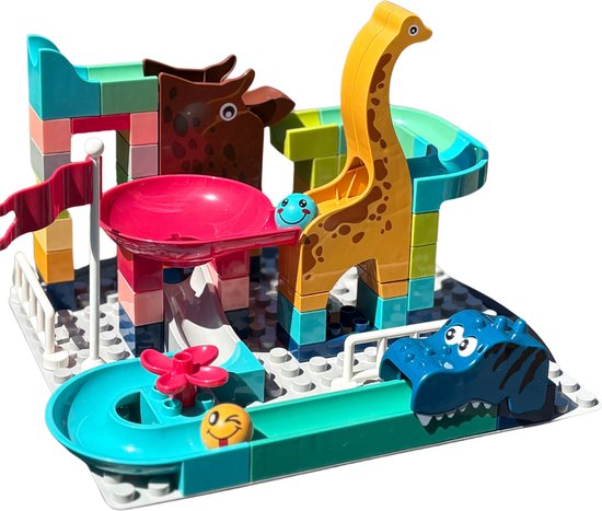 GenkiKidz - Knikkerbaan - Dierentuin Thema Knikkerset - Duplo Compatibel - 62 onderdelen - Educatief Speelgoed - Leeftijd vanaf 3 jaar van Merkloos