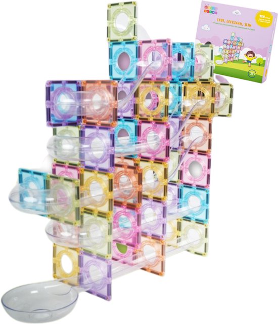 Gladi 128-Delige Knikkerbaan Pastel - Magnetisch Speelgoed Knikkerbaan - Magnetic Tiles - STEM Speelgoed voor 3 t/m 12 Jaar - Magnetische Tegels - Magnetische Bouwstenen - Educatief Speelgoed - Speelgoed Cadeau van Merkloos