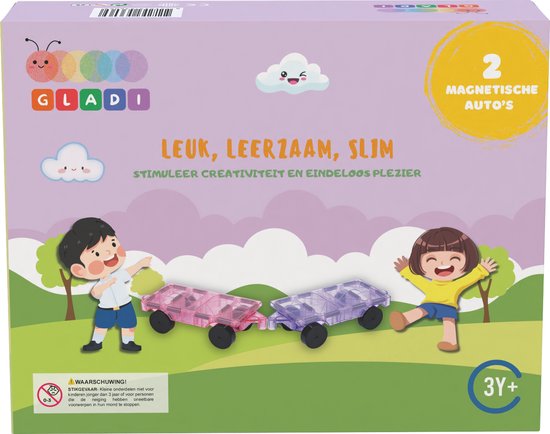 Gladi Tiles Pastel Uitbreidingsset - 2 Magnetische Auto's - Magnetisch Speelgoed - Magnetic Tiles - STEM Speelgoed voor 3 t/m 12 Jaar - Magnetische Tegels - Constructie speelgoed - Educatief Bouwspeelgoed van Gladi Tiles