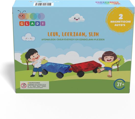 Gladi Tiles Uitbreidingsset - 2 Magnetische Auto's - Magnetisch Speelgoed - Magnetic Tiles - STEM Speelgoed voor 3 t/m 12 Jaar - Magnetische Tegels - Constructie speelgoed - Educatief Bouwspeelgoed van Gladi Tiles