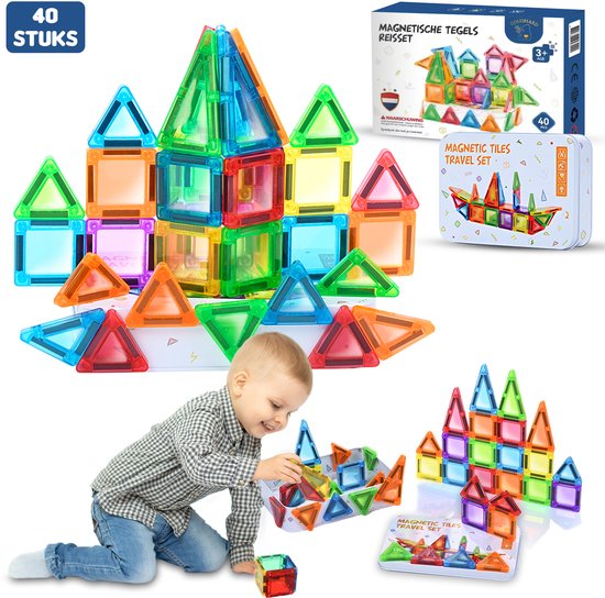 GOUDHARD® Magnetic Tiles Travel - Magnetic tiles travel – Magnetisch Speelgoed – 40 Stuks – Inclusief Metalen Opbergdoos – Inclusief handleiding – Magnetische Tegels – Bouwstenen – Compact Reisspeelgoed van Merkloos