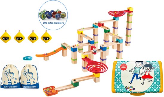 HAPE knikkerbaan Marble Cascade Block set + 200 extra knikkers + 2 katoenen knikkerzakjes + 4 gele tollen + bewaardoosje van Merkloos