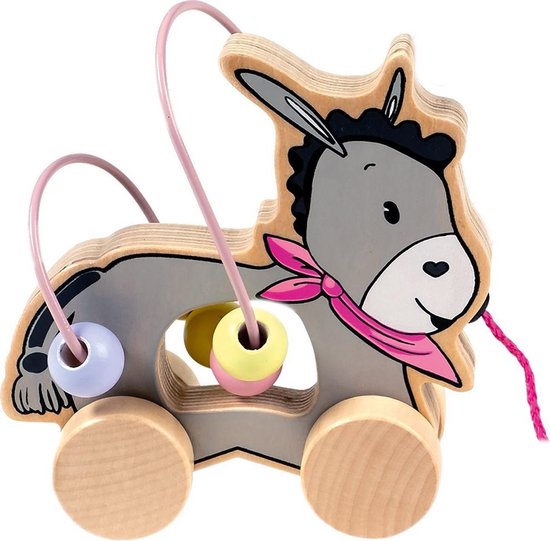 Happy People Houten Trekfiguur Ezel Met Kralenframe 15 Cm Roze van Happy People