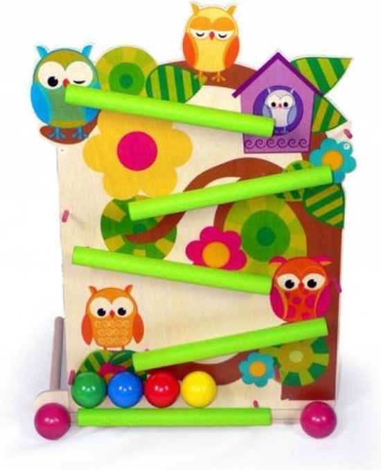 Hess Houten Speelgoed kogelbaan met uilen. Knikkerbaan met 4 ballen. van Hess.