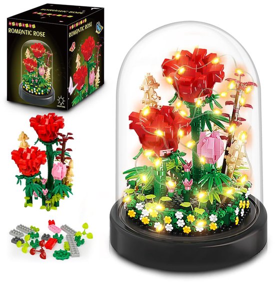 HOGOKIDS Bloemboeket Rode Rozen Bouwstenen – Mini 596 Delen - Met LED Verlichting & Displaykap - Bonsai Boom Botanische Bouwpakket voor Volwassen Vriendin Vrouw van HOGOKIDS