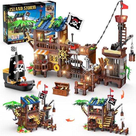 HOGOKIDS Piratenschip Bouwpakket met LED-Verlichting - 781 Delen - 3-in-1 Piratenhuis met STEM-functies - Educatief Constructiespeelgoed voor Kinderen 6-12 Jaar van HOGOKIDS