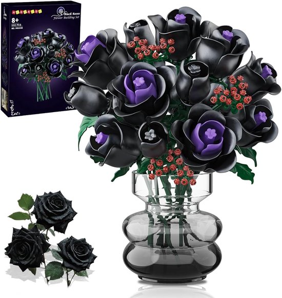 HOGOKIDS Zwarte Rozen Boeket Bouwpakket - 330 Delen - 15 Mystieke Rozen - Gothische Home Decor Spleegoed- Bouwblokken voor Volwassenen en Kinderen 8+ van HOGOKIDS