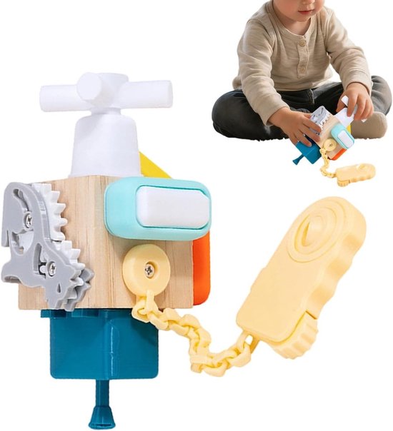 Houten Activiteitenkubus - Educatief Speelgoed - Hand-Oog Coördinatie - Duurzame Houten Constructie - 16 x 9 x 10 cm - Multicolor van Merkloos