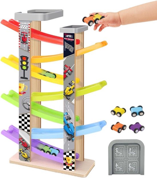 Houten Autobaan - Racebaan Kinderen - Cognitief Leren - Zeven Niveaus - 44 x 13 x 8 cm - Multicolor van Merkloos