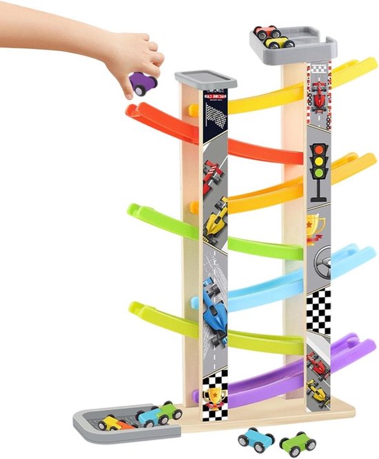 Houten Autobaan - Rampenset Speelgoed - Kinderen Leren Spelen - 7-laags Hellingbaan - 44 x 13 x 8 cm - Multicolor van Merkloos