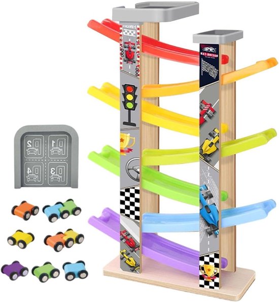 Houten Autobaan Speelgoed - Houten Racebaan - Motoriek Ontwikkelen - 7 Niveaus - 44 x 13 x 8 cm - Multicolor van Merkloos