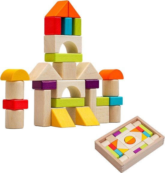 Houten Bouwstenen - Blokken Set - Creatief Spelen - 30 Delige Set - 145 x 205 cm - Meerkleurig van Merkloos
