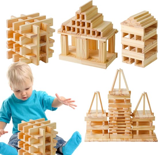 Houten Bouwstenen - Blokken Set - Kinderen Leren Spelen - Balans Constructie - 100 Stuks - Houtkleur van Merkloos