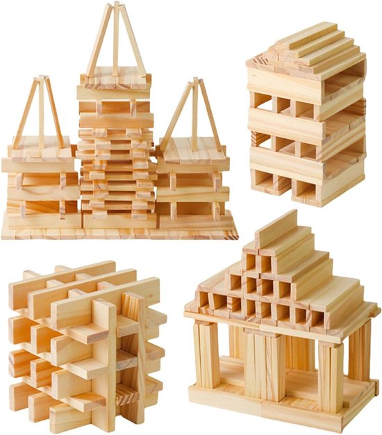 Houten Bouwstenen - Blokken Speelgoed - Creatief Spelen - Zonder Lijm - 100 stuks - Houtkleur van Merkloos